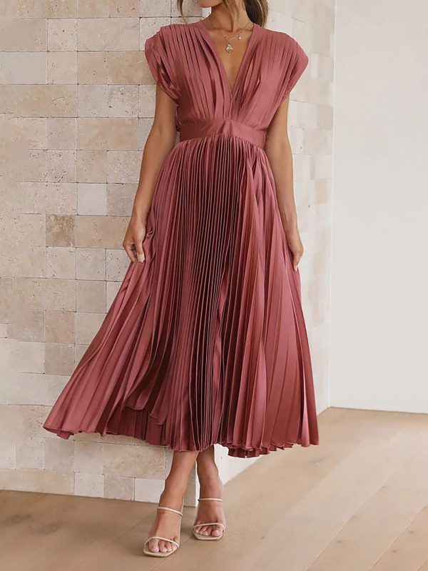 Deep V Neck Cap Sleeves Satin Pleated Midi Dress,Brick Red/L