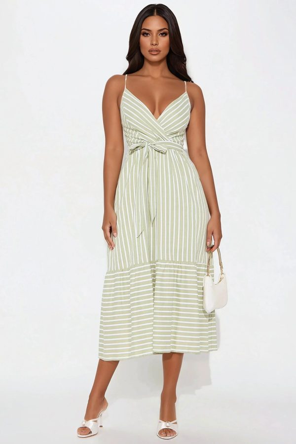 Women's Lena Striped Linen Midi Dress Combo in Sage Size Medium