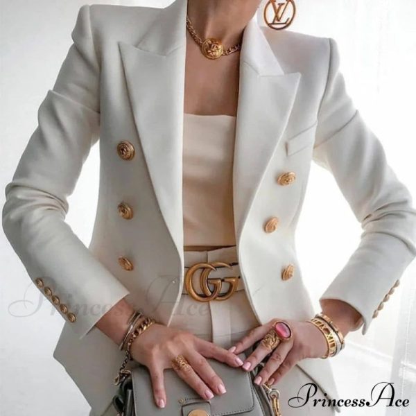 Double-Breasted Commuter White Blazer - white / XL
