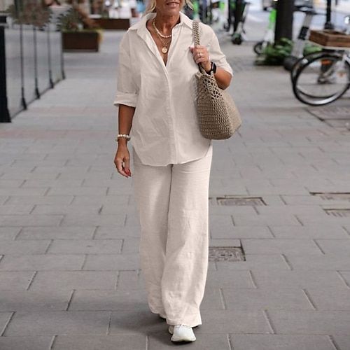 Women's Elegant Fashion Basic Shirt Cotton Linen Sets Pants Sets Pants Trousers Long Sleeve Shirt Collar Solid Color Casual Daily Pink Dark Navy Blue Fall  Winter Regular Fit