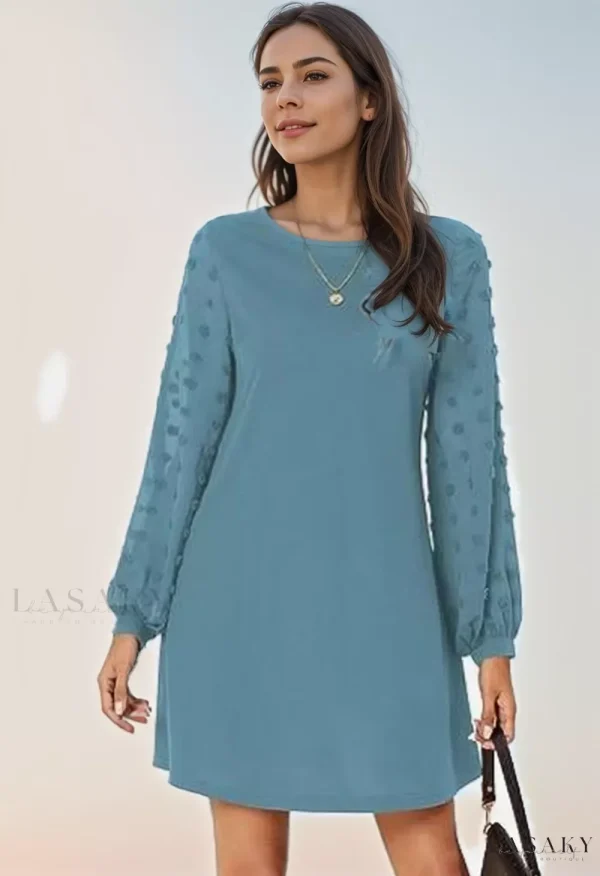 Lasaky - Mesh Contrast Long Sleeve Letter Print Mini Dress - Peacock Blue, M