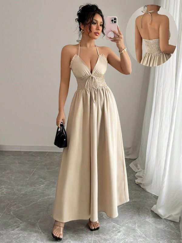 Women's Summer Khaki Strap Cinched Waist A-Line Dress, Stylish Design, Slim Fit