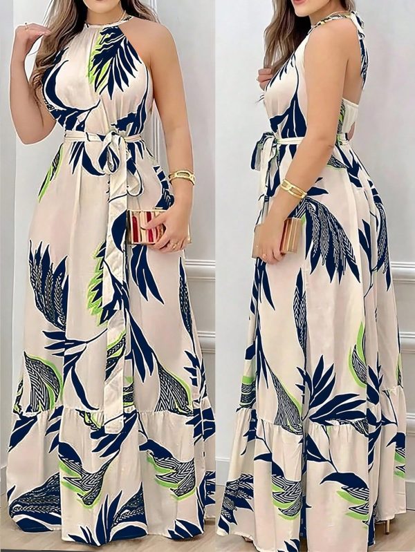 Casual Vacation Halter Drawstring Backless Elastic Long Dress For Women