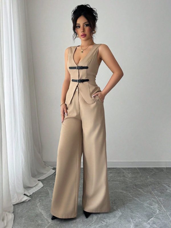 2pcs Set Women Bicolor Yarn V-Neck Pullover And Wide Leg Pants