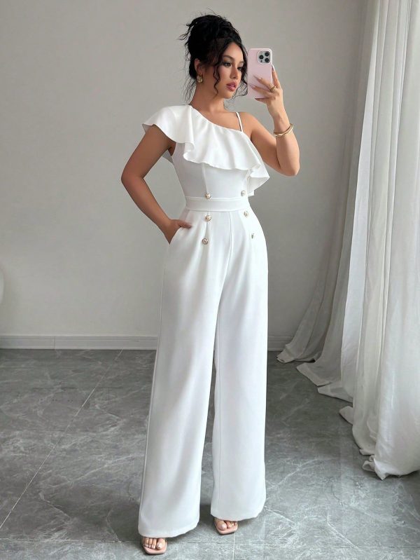 Women's Ruffled Asymmetrical Neck Jumpsuit, Summer New Arrival