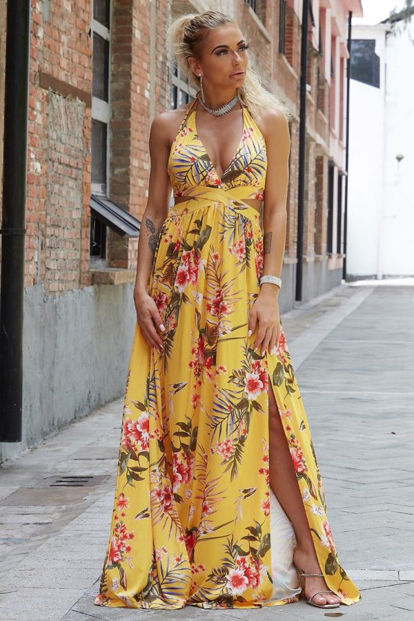 Halter Neck Split Dress - Banana Yellow / M