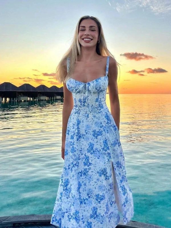 Suninheart Women's Summer Floral Print Dresses Sweet Elegant Midi Holiday Dress Casual Slit Blue Lace Up Dresses 2023 - orange / S  (no lining )