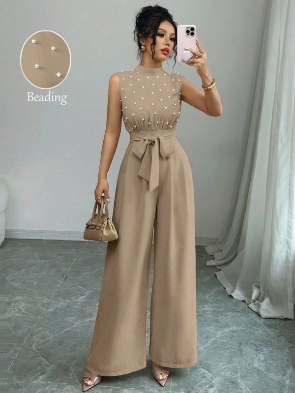 Elenzga Pearl Beaded Sleeveless Cinched Waist Apricot Elegant Commuter Stacked Neck Top Wide Leg Jumpsuit, Comfortable Jumpsuit, Asymmetric Sleeveless Top Jumpsuit, Suitable For Spring/Summer/Fall/Winter Season, Concert Women's Clothing, Elegant, Evening Gowns, Suitable For Everyday, Commute, Wedding Season