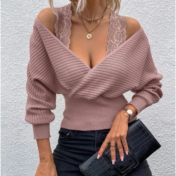 Delilah Wear Sweaters | New Fall V Neck Lace Detail Long Sleeve Sweater | Color: White | Size: Various