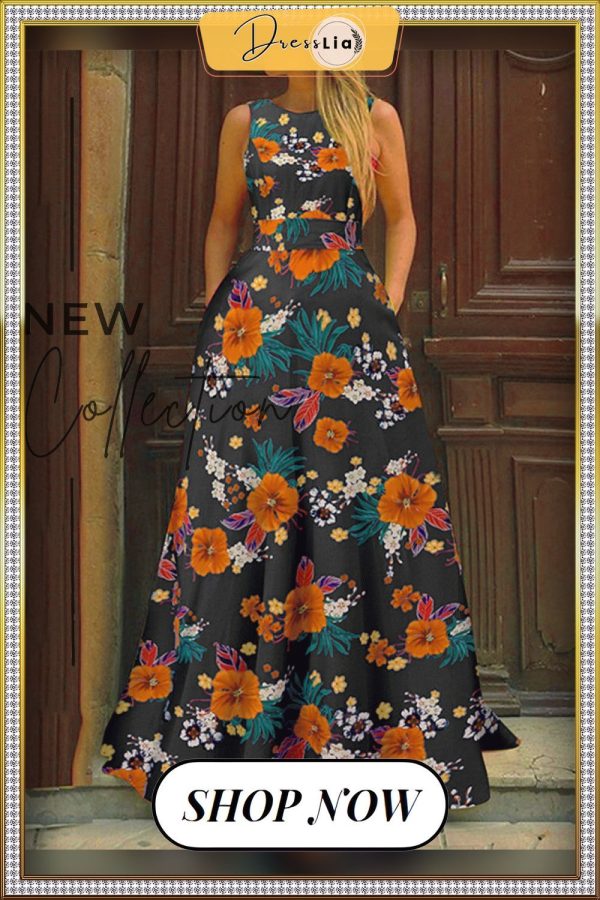 Flower Print A-line Pocket Sleeveless Swing Maxi Dress