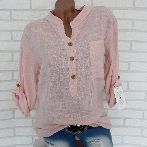 Women's Shirt Blouse Cotton Linen Shirts Plain Basic Modern Long Sleeve V Neck Regular Tops Daily Holiday Buttons Pocket White Pink Red Khaki Summer