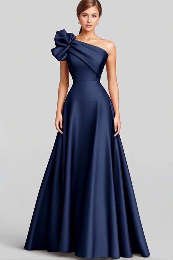 ZAPAKASA Women Navy Long Prom Dress A-Line Ruffled One Shoulder Satin Evening Dress