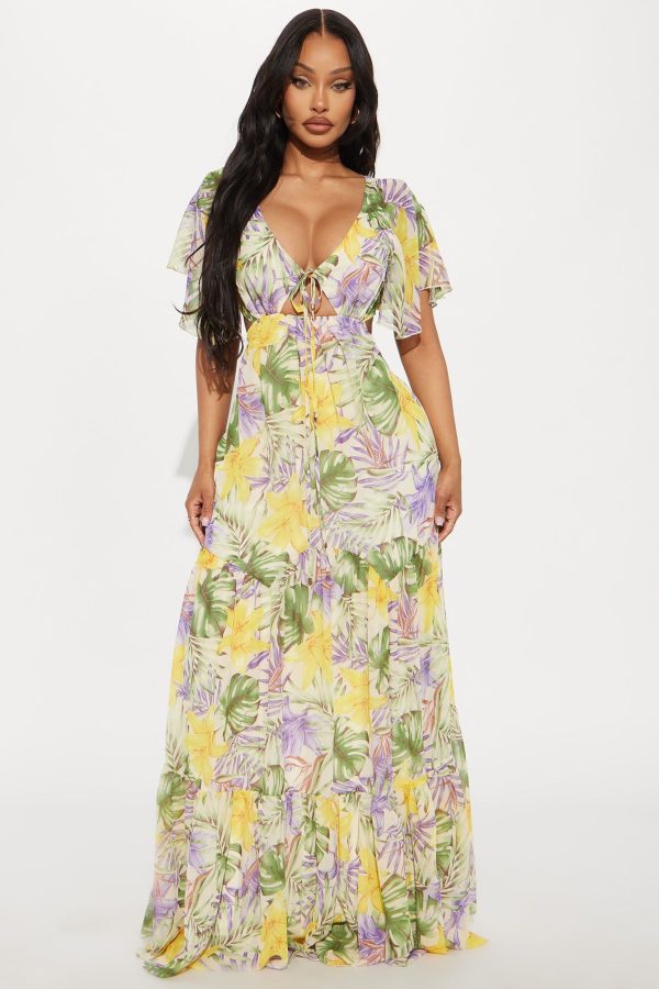 Women's Tropical Chiffon Maxi Dress Combo in Yellow Size Small