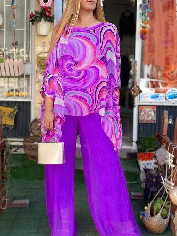Ensemble deux pièces en mousseline de soie colorée pour femmes, costume d'été décontracté à col ras du cou imprimé - Yellow / S(UK 6-8)