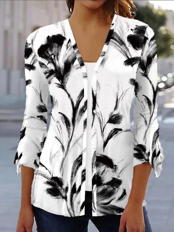 Women Casual Floral Spring/Fall V neck Loose Jersey Regular H-Line Medium Elasticity Kimonos