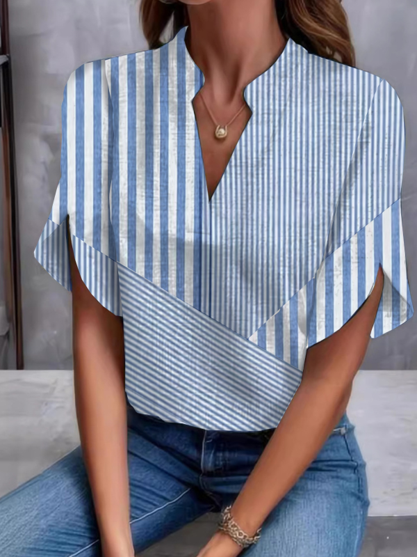 Women Striped Casual Summer Polyester No Elasticity Daily Regular H-Line Regular Blouses1