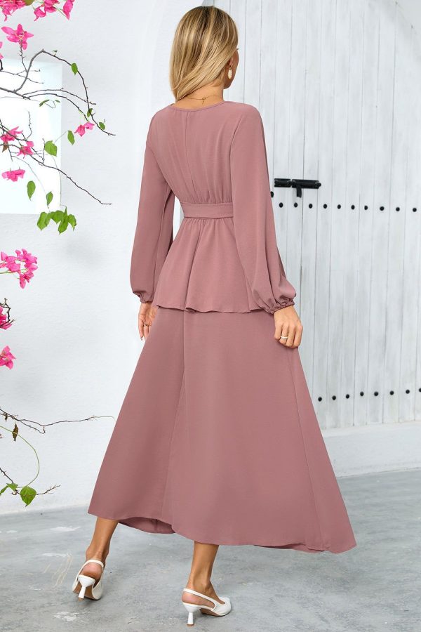 ZAPAKASA Women Dusty Rose A-Line Long Party Dress Scoop Long Sleeves Tiered Chiffon Cocktail Dress