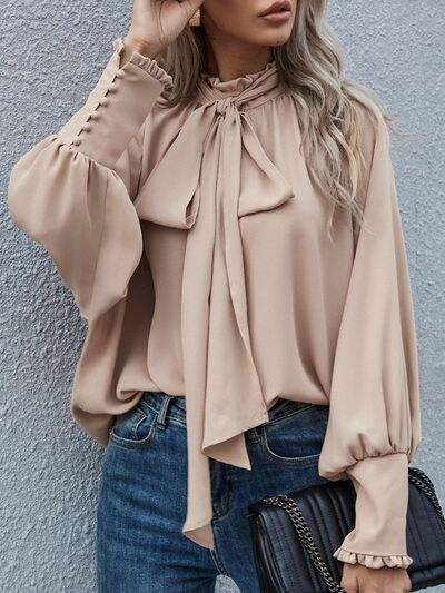 Hazel Blues® |  Tie Neck Lantern Sleeve Blouse - Sand / 2XL