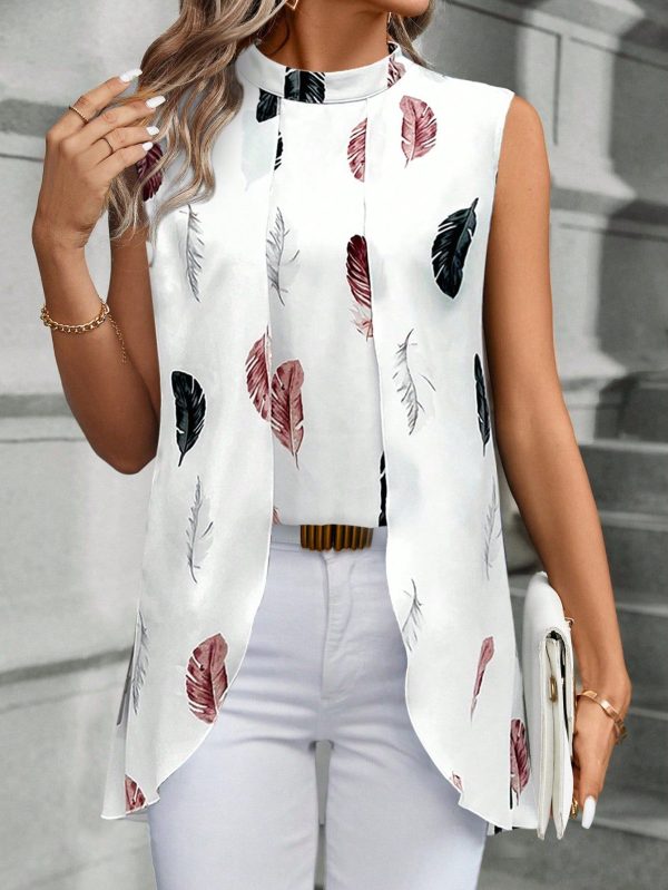 Fashionable Elegant Women's Feather Print Summer Shirt