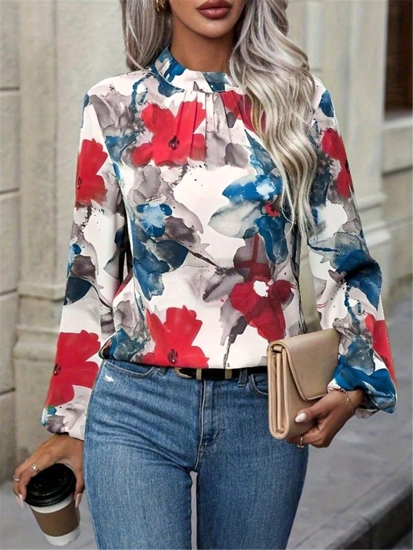 Women's Elegant Floral Print Lantern Sleeve Blouse, Long Sleeve Tops For Autumn