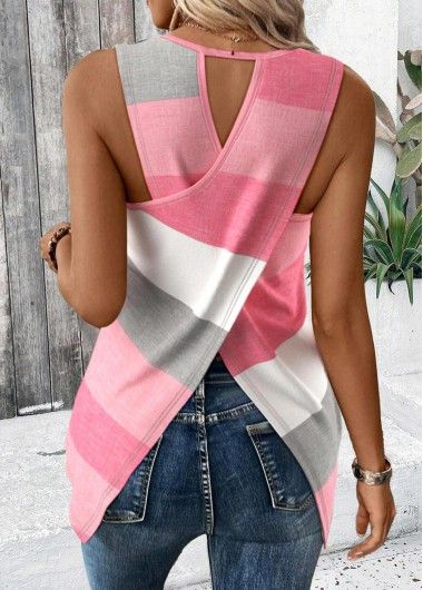 Tops For Women ROTITA Criss Cross Striped Pink Round Neck Sleeveless Tank Top