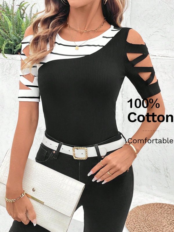 Summer Elegant Women's Round Neck Striped Splicing Contrasting Color, Elastic Short Sleeved T-Shirt With Hollowed Out Sleeves, Suitable For Various Occasions, Daily Travel, Outings, Etc