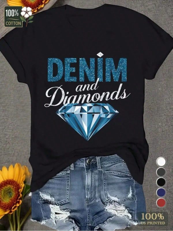 Women's Denim And Diamonds Graphic T-Shirt - Soft, Comfort Fit, Short Sleeve, Casual Style, Machine Washable, Round Neck, Geometric Design, All-Season Wear 100% Cotton