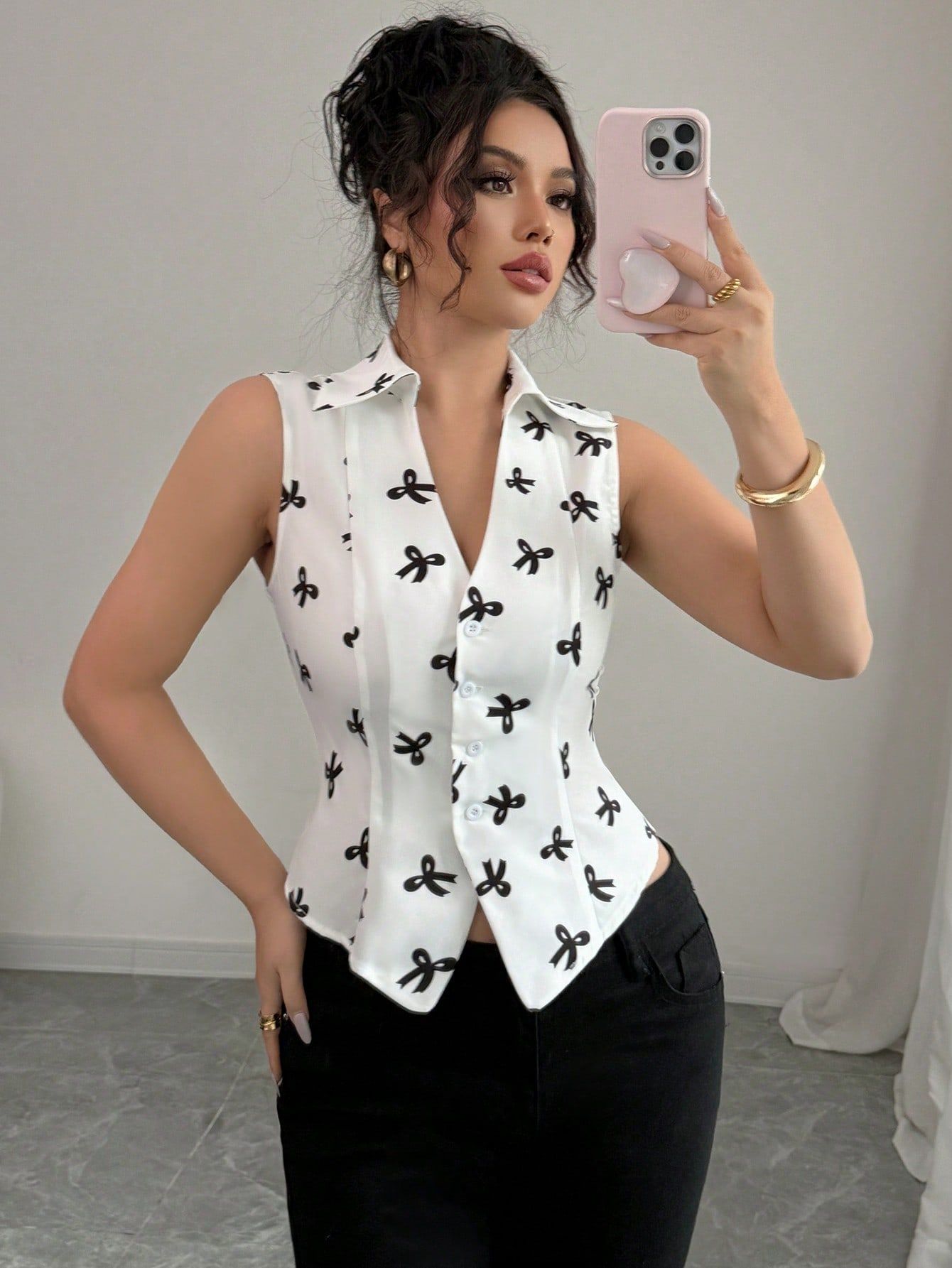 Bow Knot Floral Pattern Sleeveless Shirt, Minimalist & Fashionable, Suitable For Summer