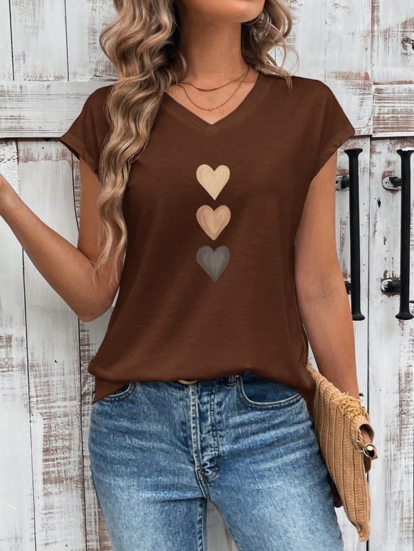 Casual Minimalist Heart Pattern V-Neck Form-Fitting Women T-Shirt, Suitable For Summer