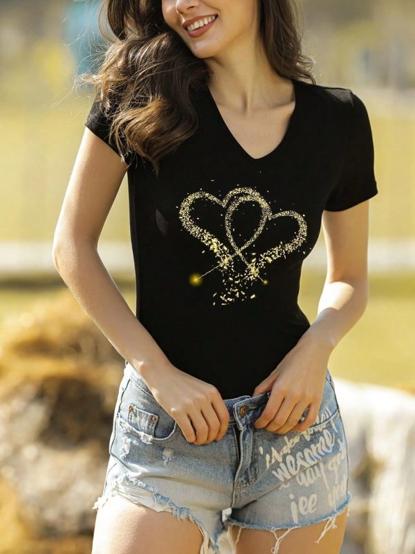 Women's Casual V-Neck T-Shirt, Black And Gold Fashion Heart Shape Printed-Breathable Polyester Fiber, Perfect For Summer Activities