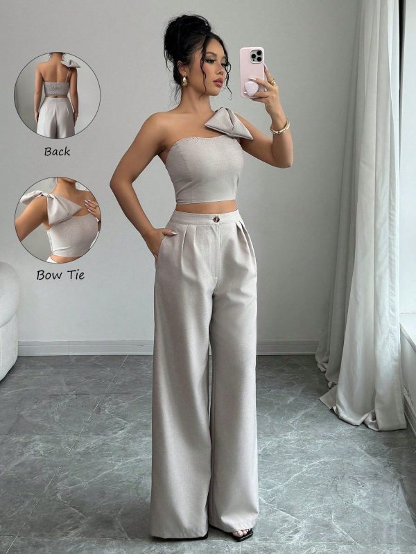 2 Pieces Women Elegant Commuting Casual Outfit - Sleeveless Bowknot Backless Crop Top And Wide Leg Full Length Solid Color Textured Pants, Comfortable And Charming Holiday Style