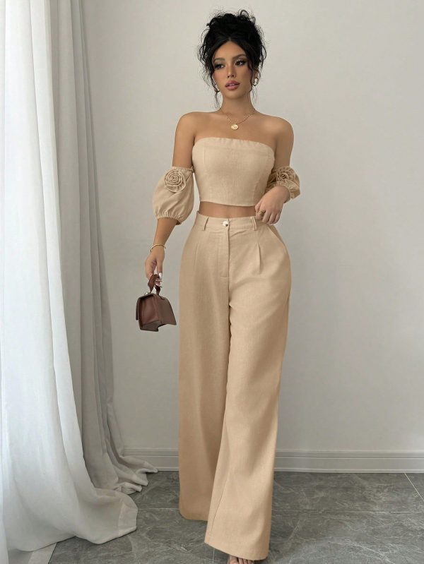 Women 2Pcs Set Off Shoulder Solid Color 3D Floral Top And Pants