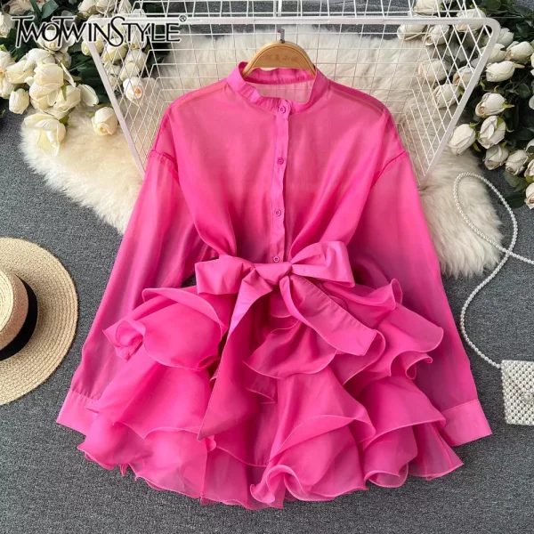 TWOTWINSTYLE Solid Temperament Blouse For Women O Neck Long Sleeve Patchwork Ruffles High Street