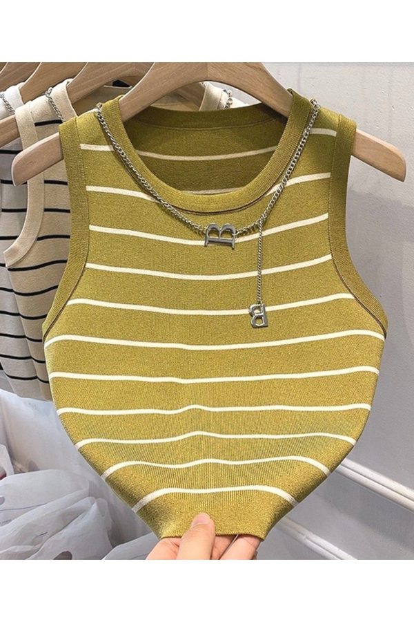 Summer Striped Knitted Sleeveless Top High Waist Navel Short Vest T-shirt Tops Tank Top Tops for Women White Corset Top 928-0 Green-One Size