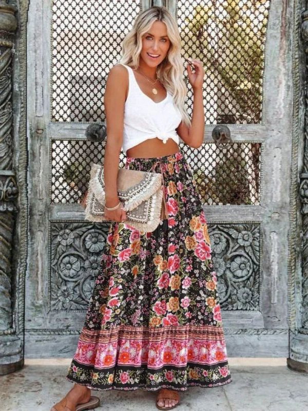 Vintage Summer Floral Print Beach Bohemian Pleated Skirt High Waist A-Line - as picture L