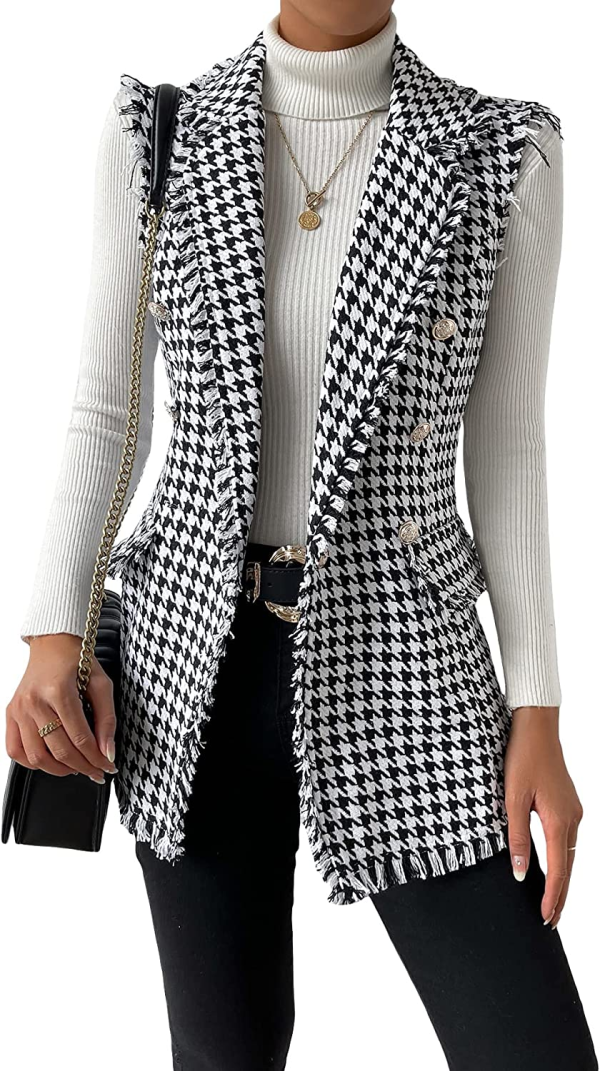 WDIRARA Women's Houndstooth Print Sleeveless Lapel Raw Trim Button Front Long Vest Jacket