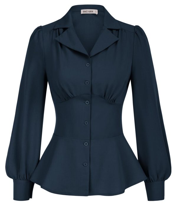GRACE KARIN Button Down Shirts for Women Summer Peplum Tops Long Sleeve Work Blouse Collared Shirt Dressy Top