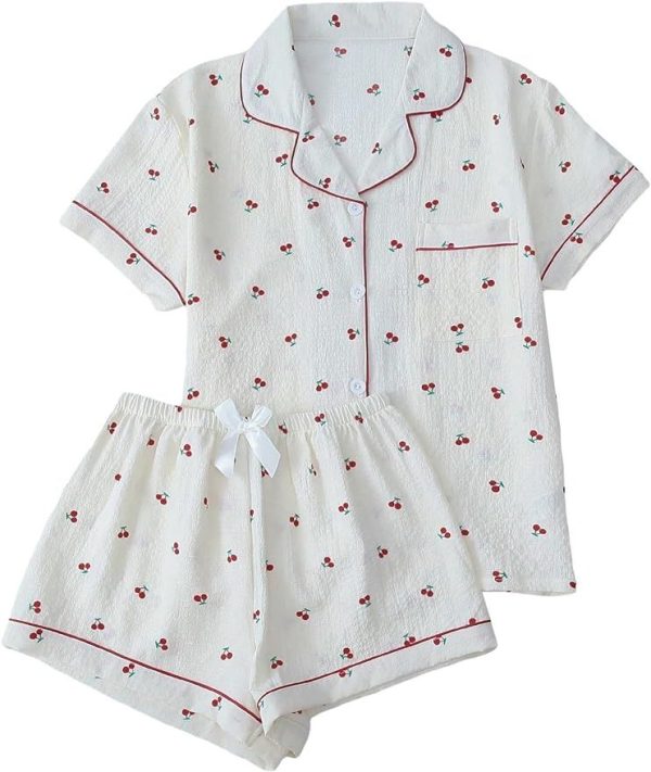 Verdusa Women's 2 Piece Pajama Set Matching Pjs Sets Cute Printed Sleepwear Button Up Shirt with Lounge Shorts Set