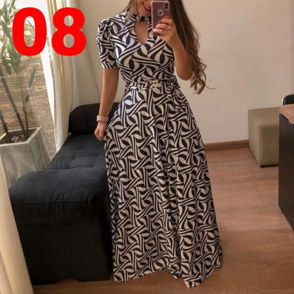 Zingj Fashion Digital Short Sleeve Printing Large Swing Dress 08 Short Sleeve Black and White-L