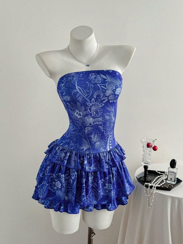 Women's Summer Floral Print Ruffle Hem Strapless Dress