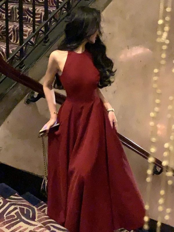 Cyflymder  Vintage Red Sleeveless Slim Midi Dresses for Women Fashion Casual Chic Birthday Robe Elegant Party Female Clothing Summer - Burgundy / L