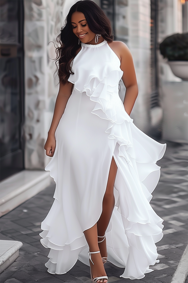 Xpluswear Design Plus Size Wedding White Halter Collar Sundress Split Ruffle Maxi Dresses White-XL/14-16
