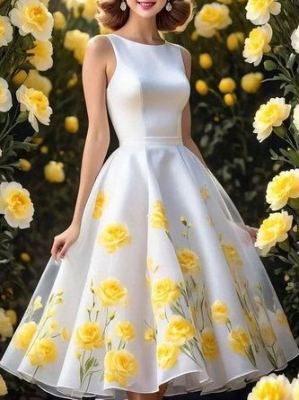 StyleWe Women Elegant Knee Length Dress High Waist X-Line Crew Neck All Season For Various Formal Occasions