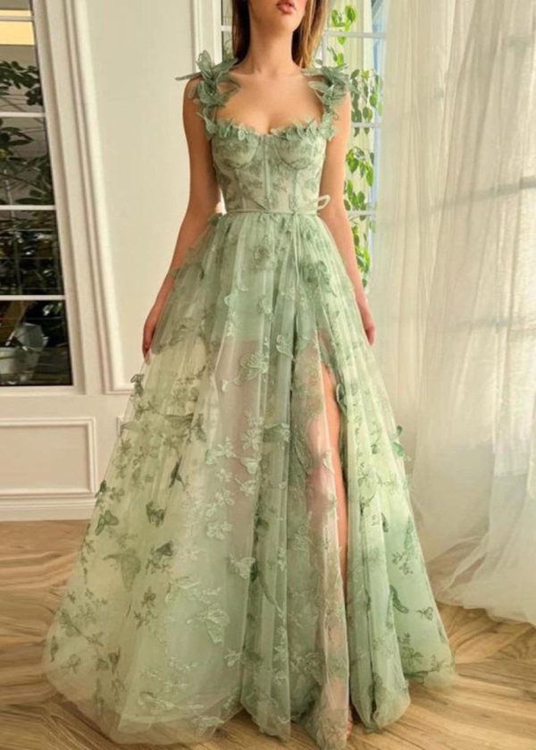 Lydia A line Butterfly Lace Tulle Lilac Corset Prom Dress with Slit