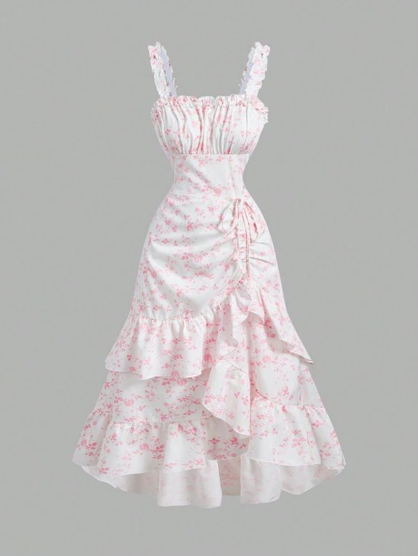 Pink And White Floral Romantic Retro Ruffle Women's Dress, Elegant Dress, Tea Party Dress, Female Date Dress, Valentine's Day Dress, Summer Dress, Bohemian Dress, Cruise Dress, Beach Dress,Summer Dresses For Women