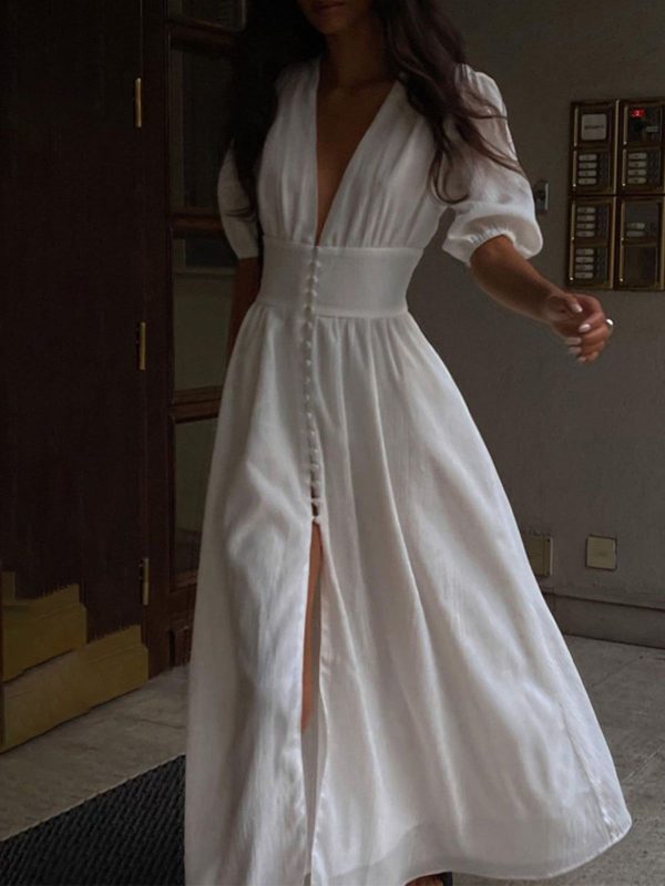 Frenchy  Button Split Long Dress - White / S