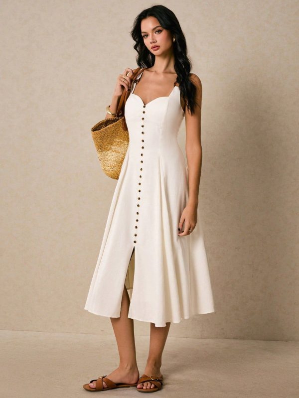 White Dress, Linen Dress, Halter Dress, Button Decoration,Beach Outfits For Woman,Vacation Outfits Woman,Women Long Solid Color Slip Dress, Fashionable For Summer,Poeselle