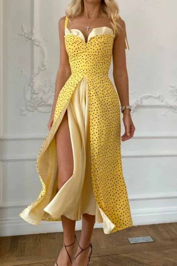 Elegant Print Solid Patchwork Slit V Neck A Line Dresses - Yellow / XL