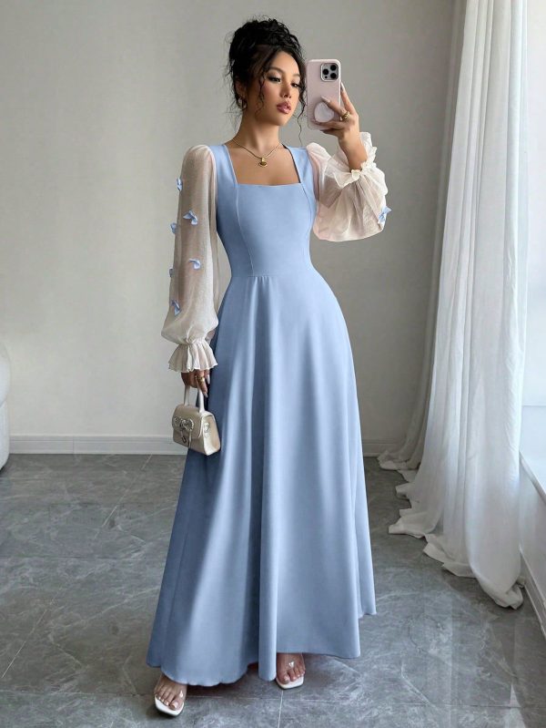 Women's Mixed Fabric Bowknot Decorated Waist Cinched Woven Dress