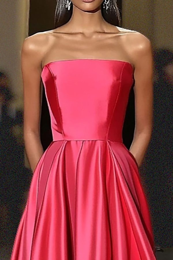 ZAPAKASA Women Watermelon A Line Satin Strapless Gala Dress Floor Length Ruched Red Carpet Dress
